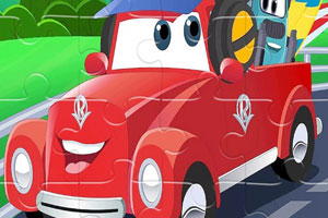 《卡通红色汽车拼图》游戏画面1